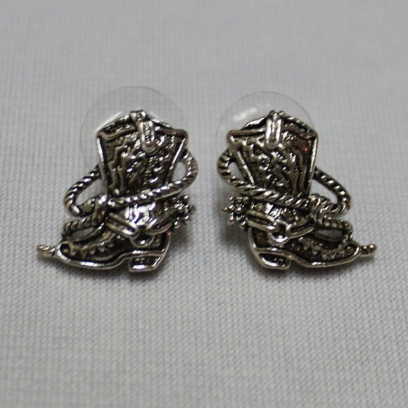 Silver Tone Cowboy Boot Stud Earrings - Picture 1 of 7